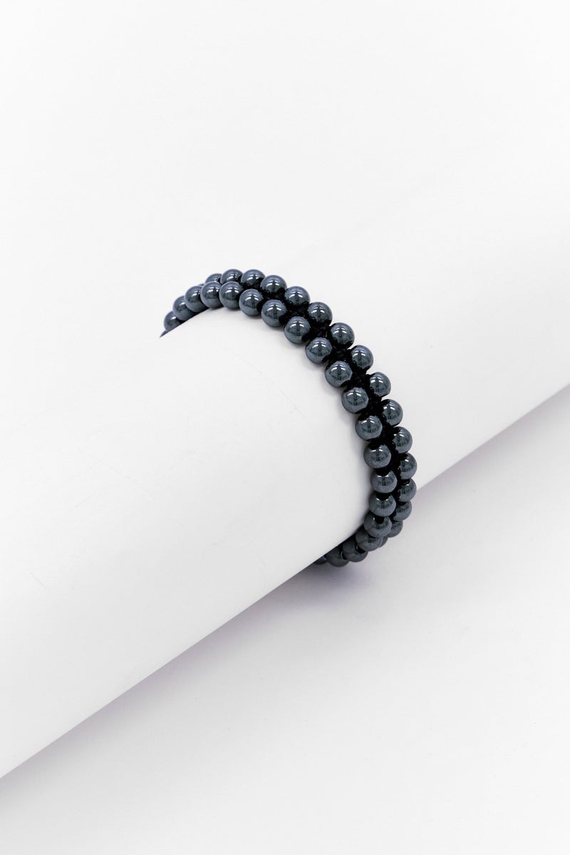 Steeltime Men Double Layered Hematite Beaded Bracelet, Black - Image 1